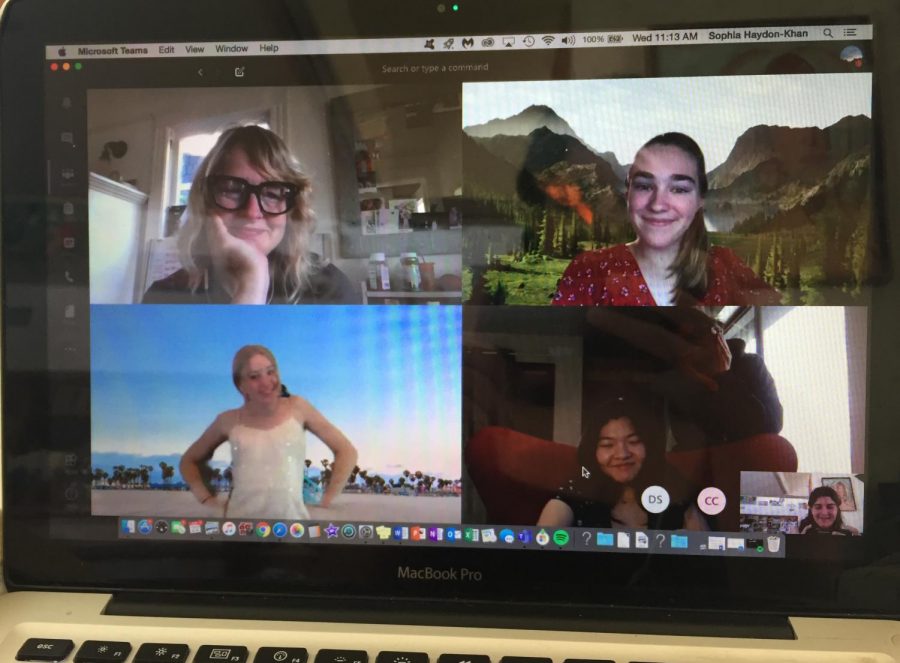 Molly Yurchak, Upper School English Teacher (top left), Hadley P. ’21 (top right), Davan D. ’21 (bottom left), and Shirlynn C. ’21 (bottom right) participate in an online English III discussion dressed up for a prom theme. 