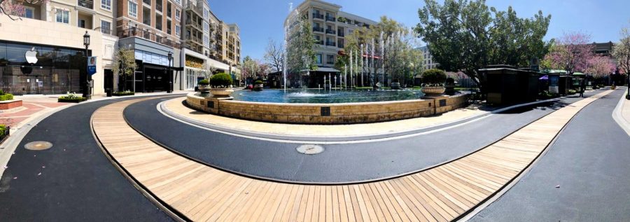 At the center of The Grove in Los Angeles, shoppers and pedestrians are absent from the popular “Dancing Fountain.”