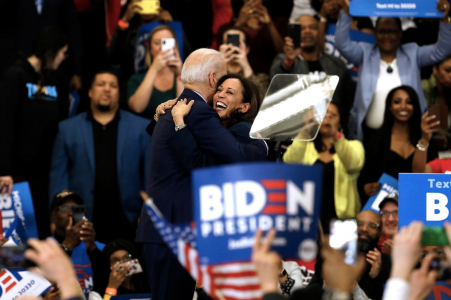 Kamala Harris endorses Joe Biden at one of his campaign rallies on March 9. 