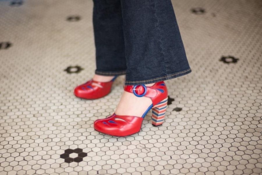 A bright pair of Mrs. Amos’ unique shoes. 
