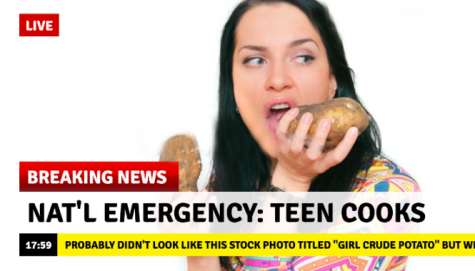 A fake "news" screenshot that reads "National Emergency: Teen Cooks" with the ticker reading "Probably did not look like this stock photo titled "Girl Crude Potato" but whatever." The photo is an awkward stock image of a girl holding up and biting into a potato.