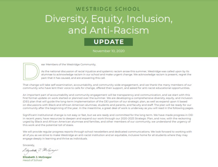 Part of the November 2020 DEI and Anti-Racism update. It starts with a letter from Elizabeth McGregor, Head of School.