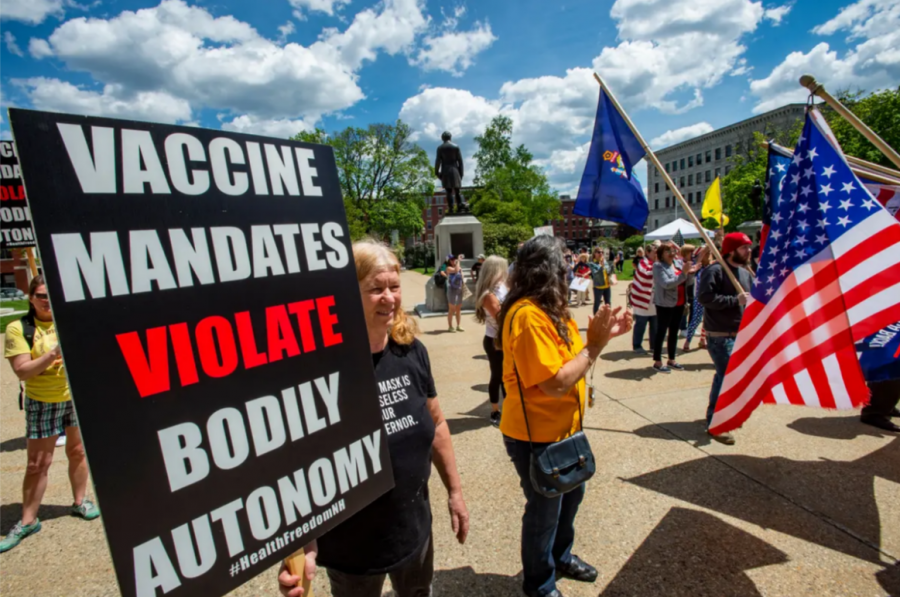 Those who are against the COVID-19 vaccine protest. (The Independent)