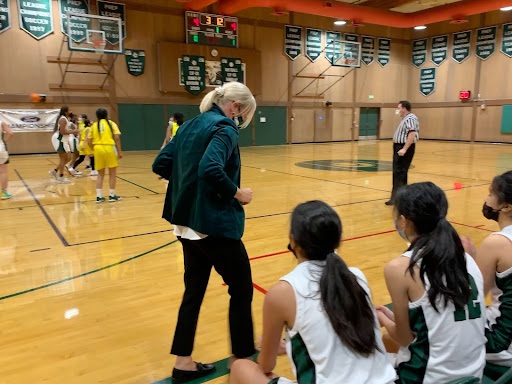 (Westridge’s Varsity Basketball Head Coach Jaime Hoffman celebrates during a game against Blair High School/Ella B)