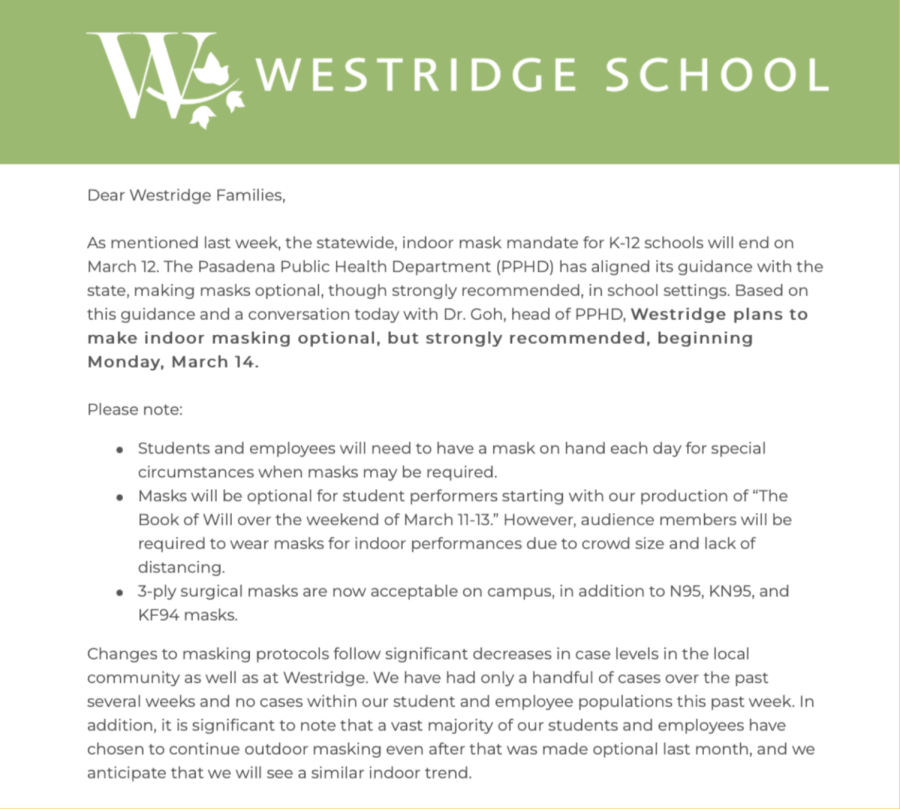 The official email Westridge sent out on the morning of March 9th informing Westridge families of their updated COVID protocols.