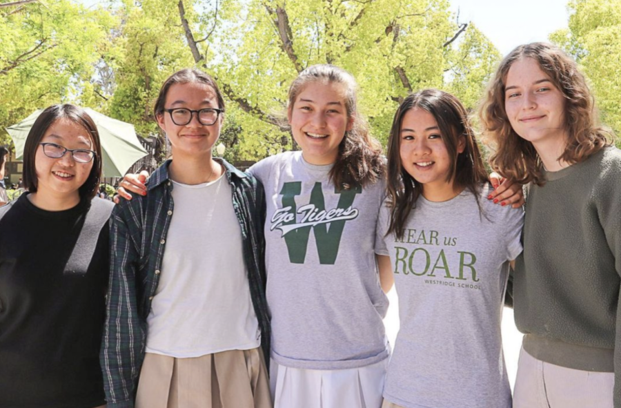 Westridges five students named National Merit Scholarship Finalists stand together. Those students are Clara K. ’22, Grace K. ’22, Giulia W. ’22, Claire S ’22, and Charlotte Z. ’22.