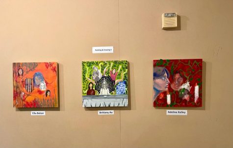 An image of three students paintings from this years Upper School Art Exhibit.