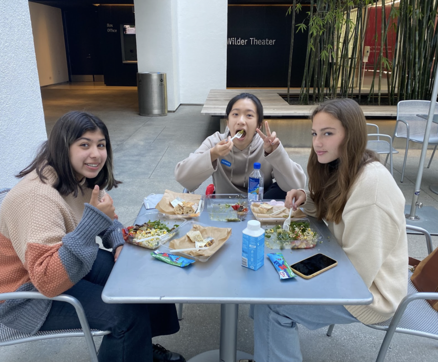 Art and Architecture: students eating lunch at the Hammer Museum in West LA.