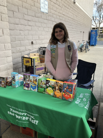 I have been selling Girl Scout cookies at booths outside of groceries stores for several years now. Here’s a picture of me outside one store selling cookies.