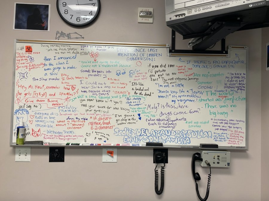 Whiteboard covered in iconic costume shop quotes.