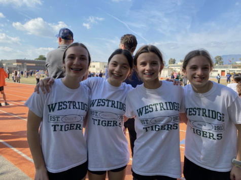 Clara T. ’27, Eliza S. ’27, Brynn C. ’27, and Abby W. ’27 at the Poly Invitational Meet at Caltech.