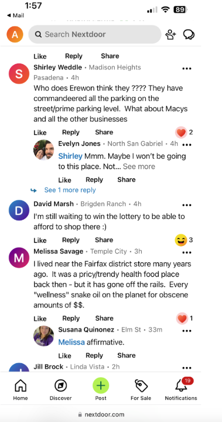 Screenshot of comments regarding Erewhon’s opening on Pasadena’s Nextdoor, 9/20/2023