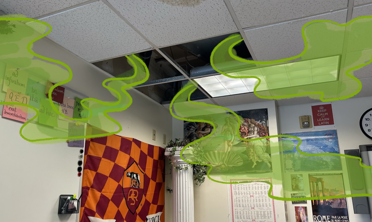 Earlier this year, the Facilities team removed several panels from classroom ceilings. Depicted is an animated green smoke coming out of the holes, representing the smell in Rothenberg Building.