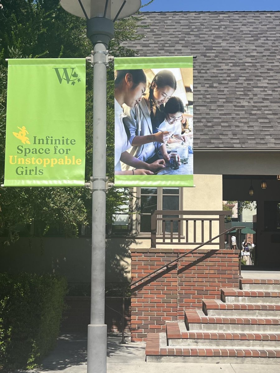 The "Infinite Space for Unstoppable Girls" banner in front of the breezeway that Dr. Arias referenced regarding her future hopes for "infinity" and "unstoppability" in students at Westridge and their futures as alums.