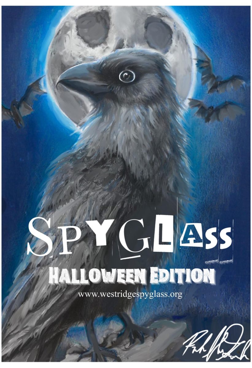 A submission of a raven and moon from 8th grader Rebecca G. This poster is one of our four for Spyglass' first special Halloween edition.