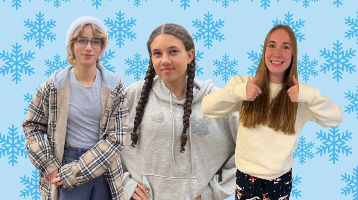 Students Catherine P. '28, Poppy H. '28, and Clara T. '27 pose in cozy clothes for Comfy Clothes December.