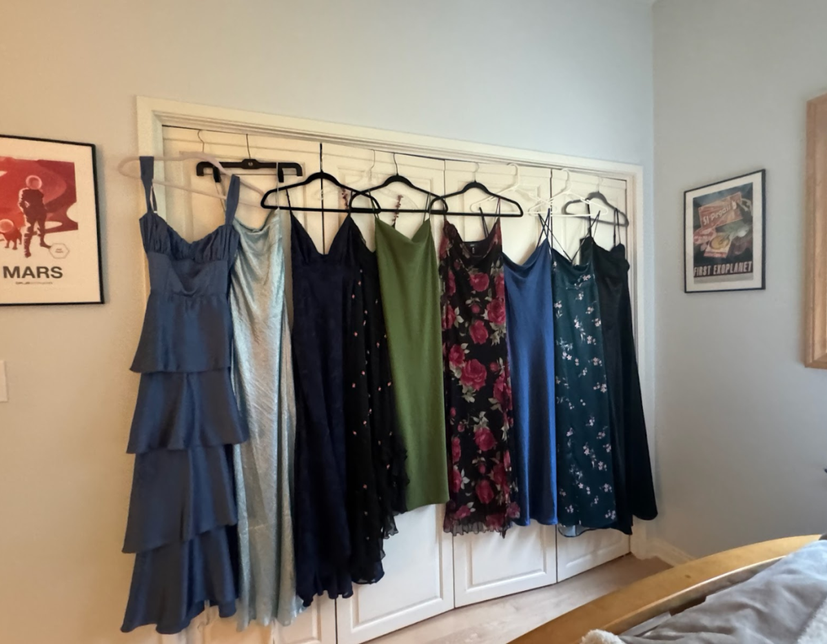Spyglass staffer Lilah and her friends’ dresses hung up, ready to be worn. 