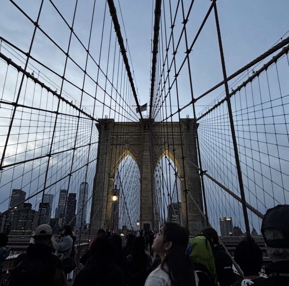 A view of the Brooklyn Bridge, which connects the boroughs of Manhattan and Brooklyn.